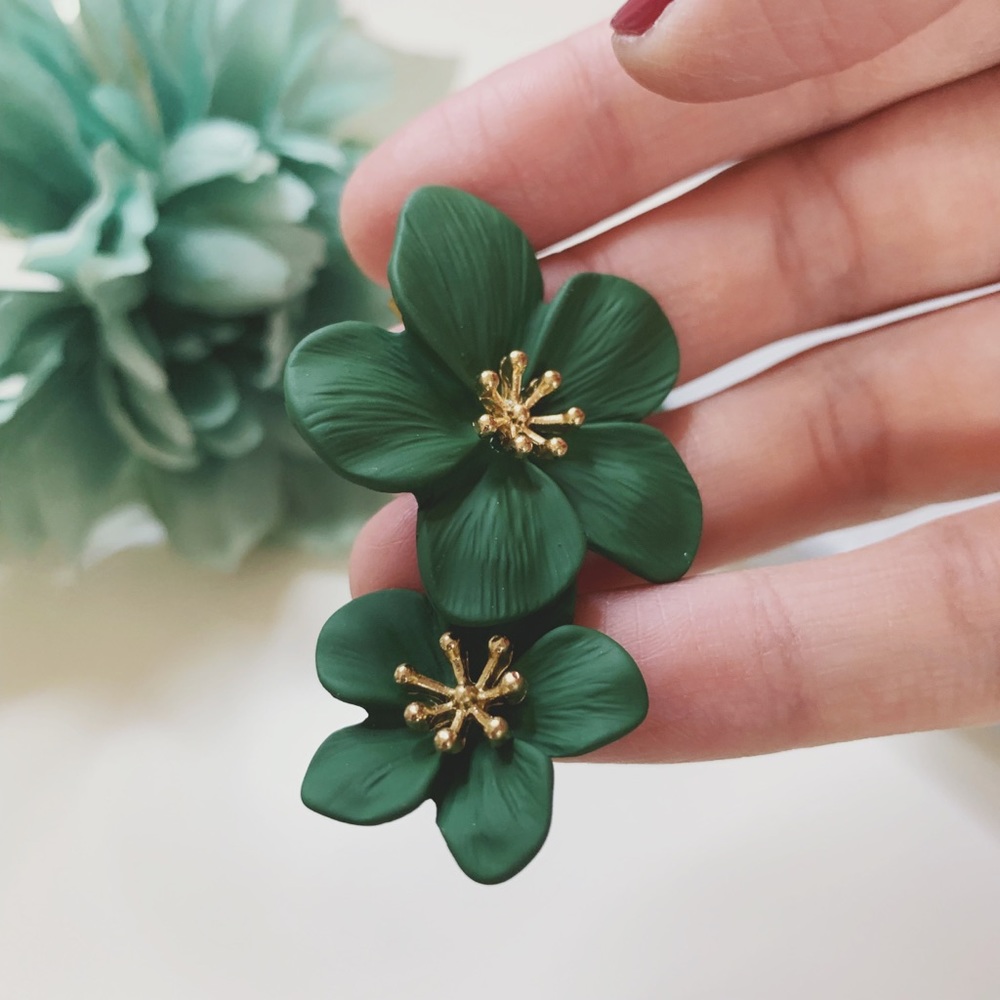 Green Enamel Flower Drop Earrings